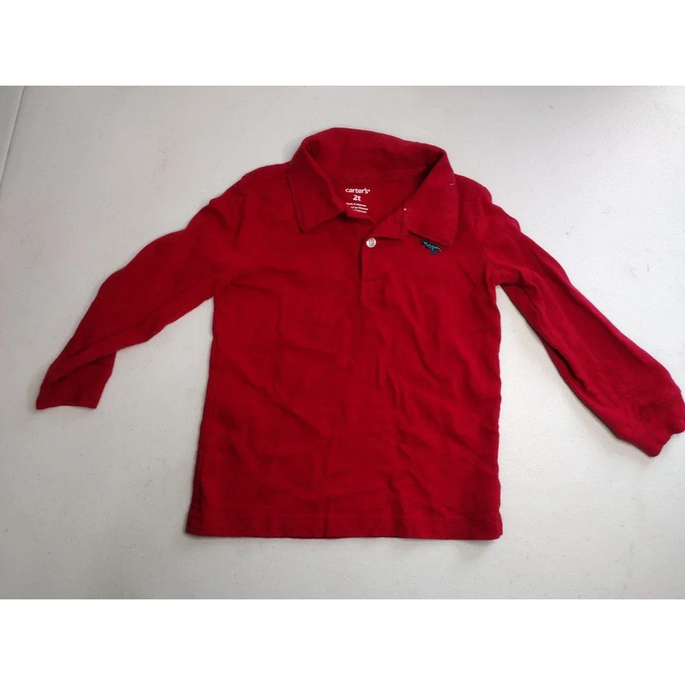 Carters Toddler Boy 2T Red Long Sleeve Polo &‎ Dinosaur Print Khaki Pants Set